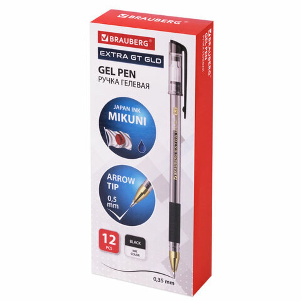 Ручка гелевая с грипом BRAUBERG "EXTRA GT GLD", ЧЕРНАЯ, стандартный узел 0,5 мм, линия 0,35 мм, 143919