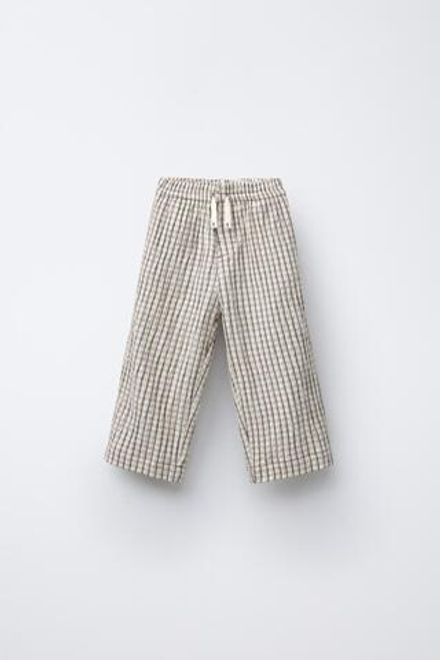 ZARA БРЮКИ ПРЯМОГО КРОЯ ИЗ РЕЛЬЕФНОЙ ТКАНИ В КЛЕТКУ, КОРИЧНЕВЫЙ