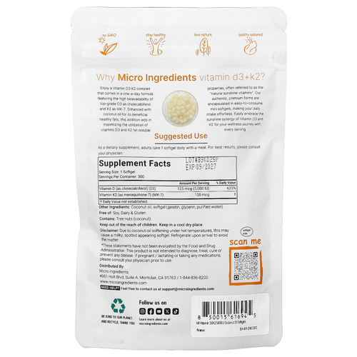 Micro Ingredients, витамины D3 и К2, 300 капсул