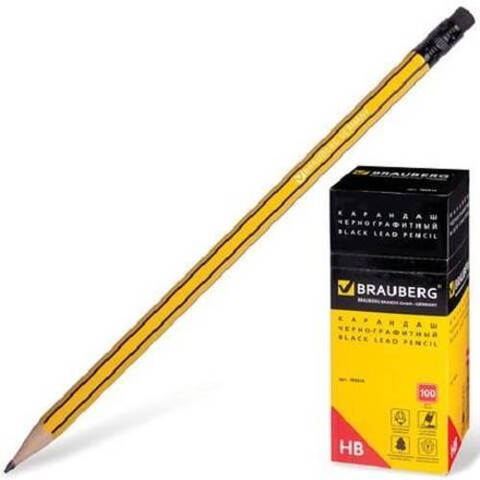Карандаш чернографитный Brauberg, HB, с ластиком, желто-черный