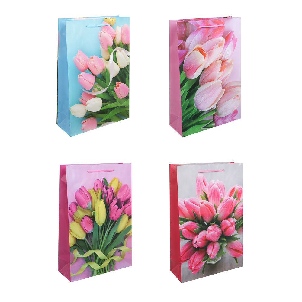 LADECOR Пакет подарочный, бумажный, 26x38x10 см, 4 дизайна, тюльпаны