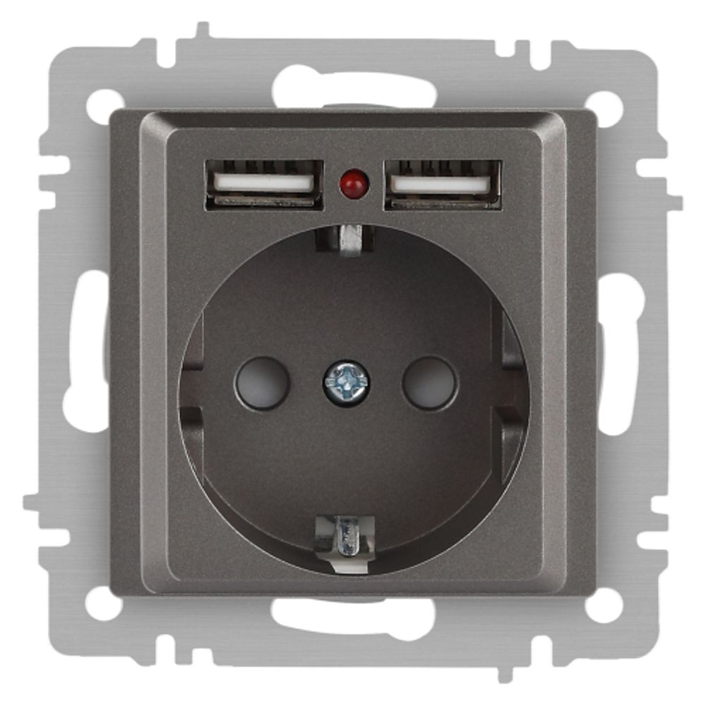Розетка Intro Accent 6-410-09 P+E Schuko со шторками, 16А-250В + 2хUSB, IP20, СУ, титан