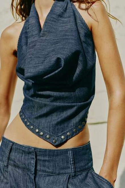 ZARA ТОП С ЗАКЛЕПКАМИ И ОТКРЫТОЙ СПИНОЙ, СИНИЙ