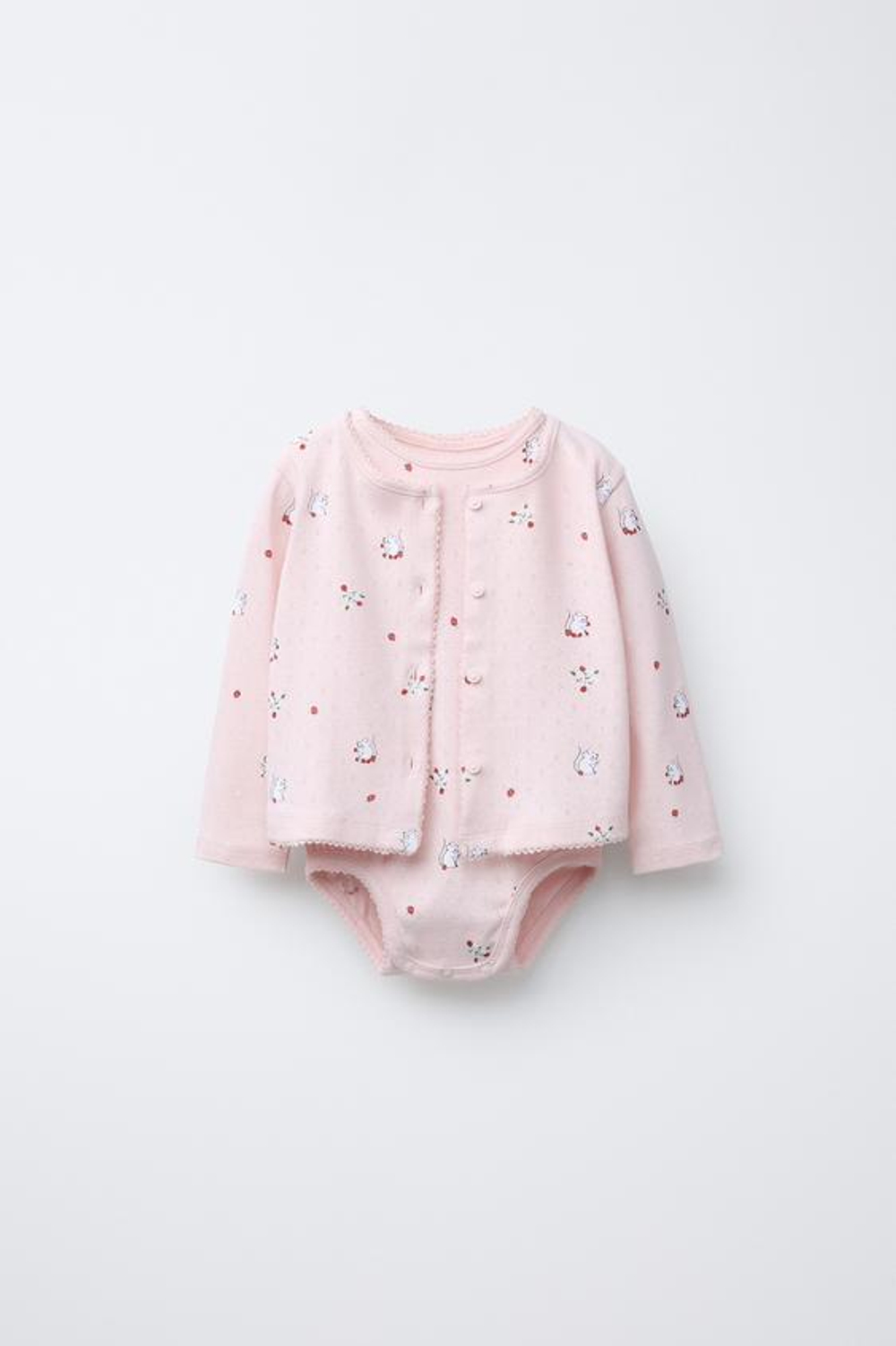 ZARA КОМПЛЕКТ ИЗ БОДИ И КАРДИГАНА С АЖУРНЫМ УЗОРОМ И ПРИНТОМ, РОЗОВЫЙ