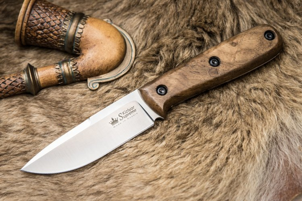 Нож Kizlyar Supreme COLADA AUS-8 SW WH LS (StoneWash, Walnut Handle, Leather Sheath)