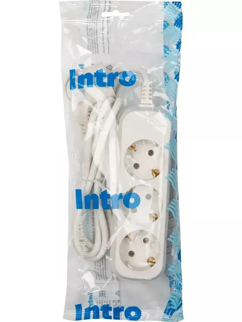 Удлинитель Intro UE315-W сетевой электрический бытовой с заземлением 3 розетки, 1,5 м, ПВС 3х0,75мм2, 10А, белый