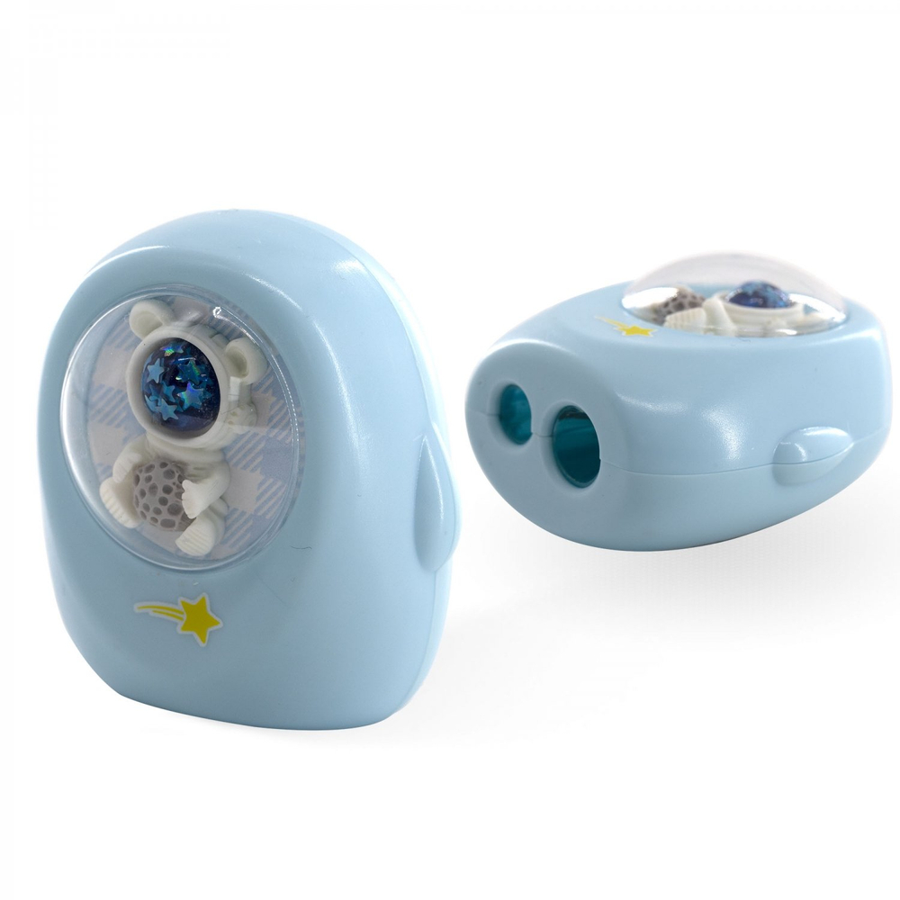 Точилка пластиковая Yalong "Космонавт", 2 отверстия, фигурная, с контейнером, цвет корпуса голубой, картонная упаковка