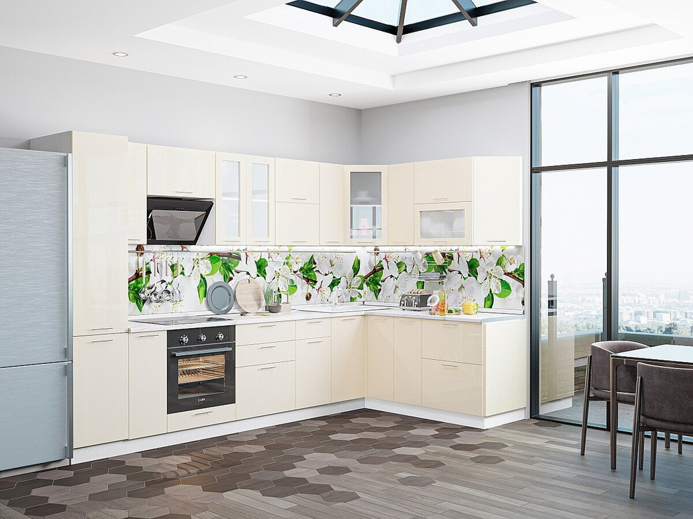 Угловая модульная кухня Валерия-М-05 Бежевый металлик - Белый 2140*3200/1800*600