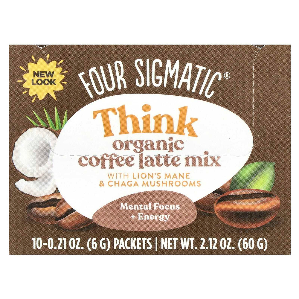 Four Sigmatic, Think, смесь для приготовления органического латте с ежовиком гребенчатым и грибом чага, 10 пакетиков по 6 г (0,21 унции)