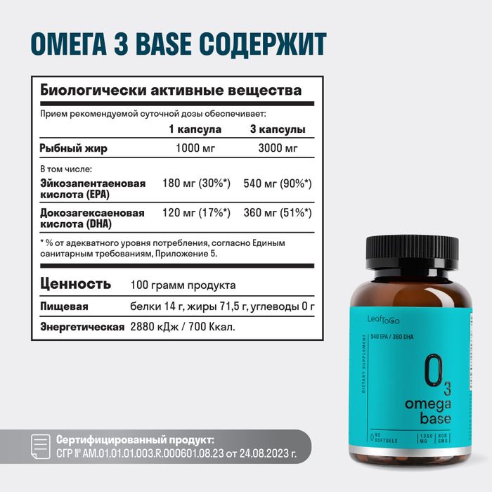 Омега-3, Omega-3, Leaf To Go, 90 желатиновых капсул 2