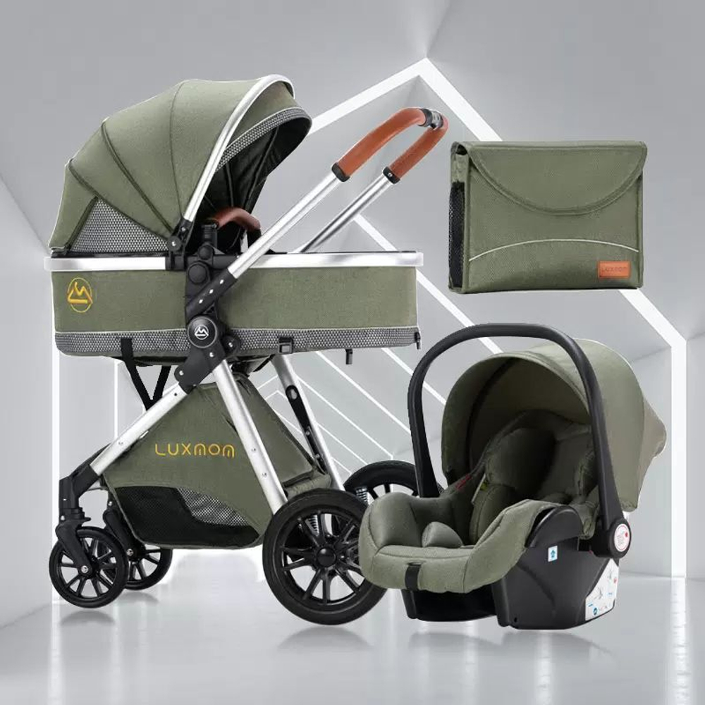 Коляска-трансформер с автолюлькой 3в1 LUXMOM V9 оливковый
