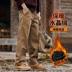 Американские ретро тяжелые мужские брюки-карго на флисовой подкладке, зимние утолщенные модные брендовые мужские свободные прямые повседневные длинные брюки