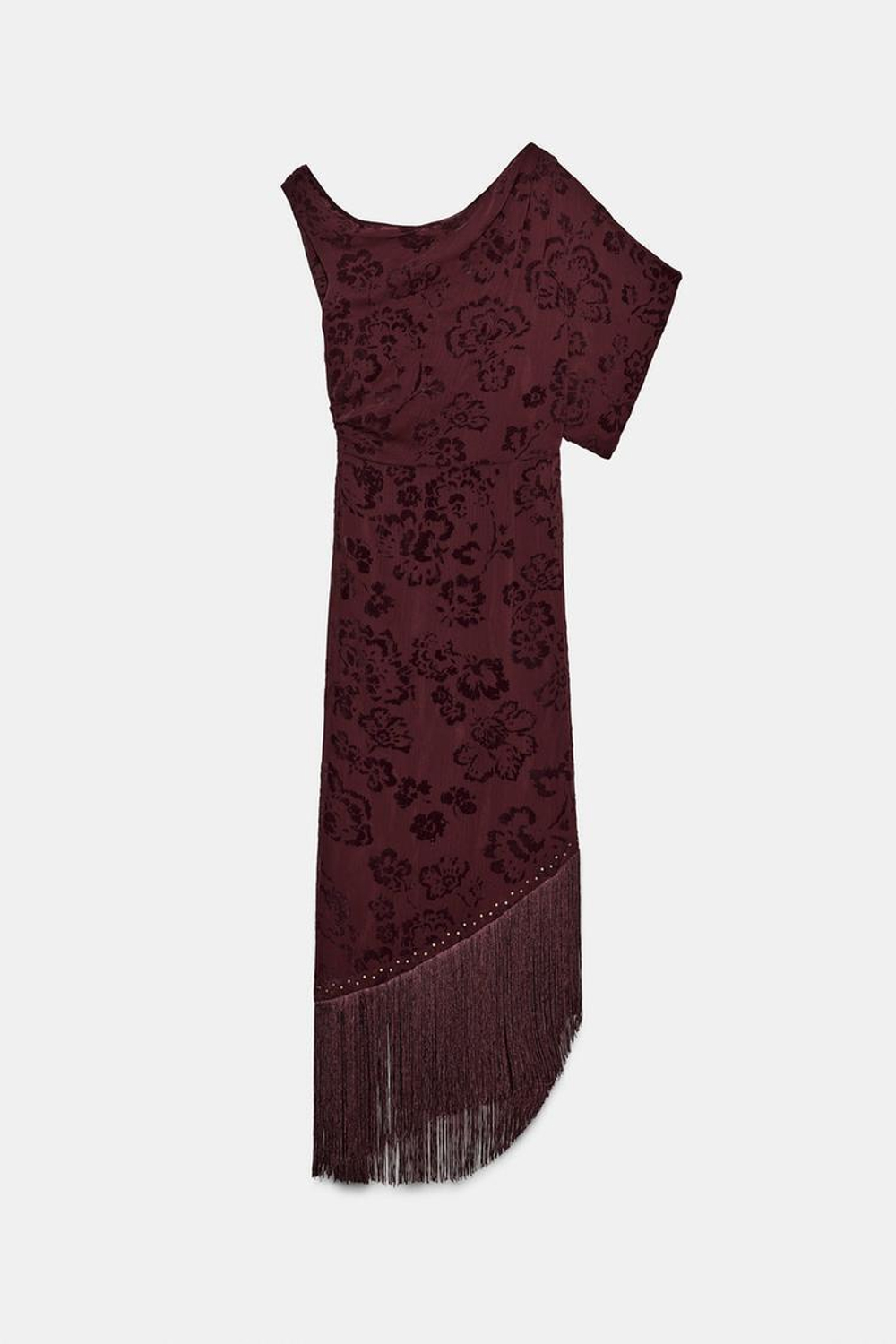 ZARA ПЛАТЬЕ МИДИ АСИММЕТРИЧНОГО КРОЯ С БАХРОМОЙ, БУРГУНДИ