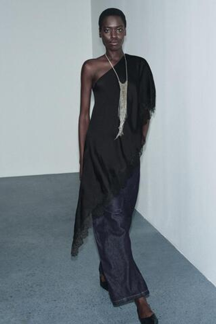 ZARA АСИММЕТРИЧНЫЙ ТОП С КРУЖЕВОМ — ZW COLLECTION, ЧЕРНЫЙ