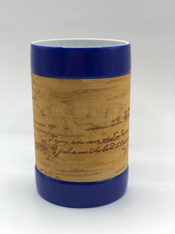 Кружка малая фарфоровая без ручки c берестой и с цитатами Лермонтова. Lermontov forever.