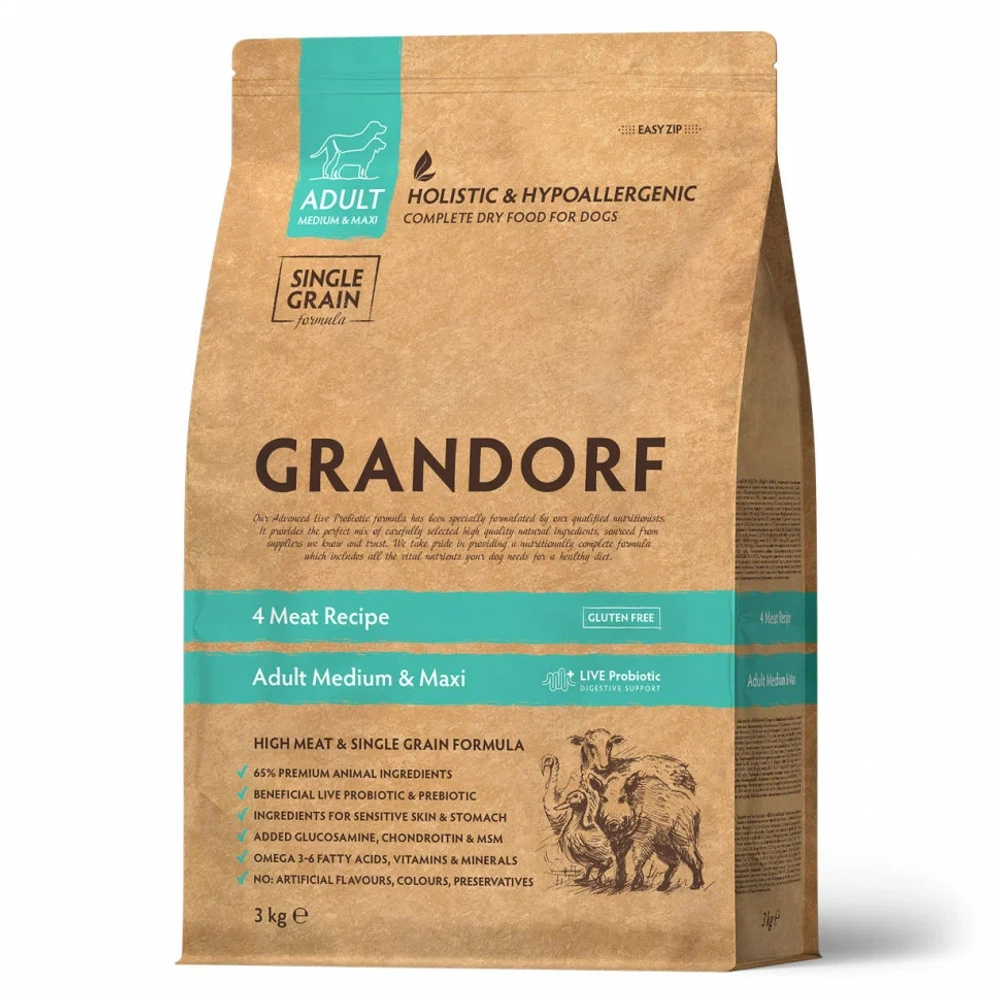 Сухой корм GRANDORF DOG 4 Meat PROBIOTIC MED&MAXI Четыре вида мяса для взрослых собак средних и крупных пород 1кг