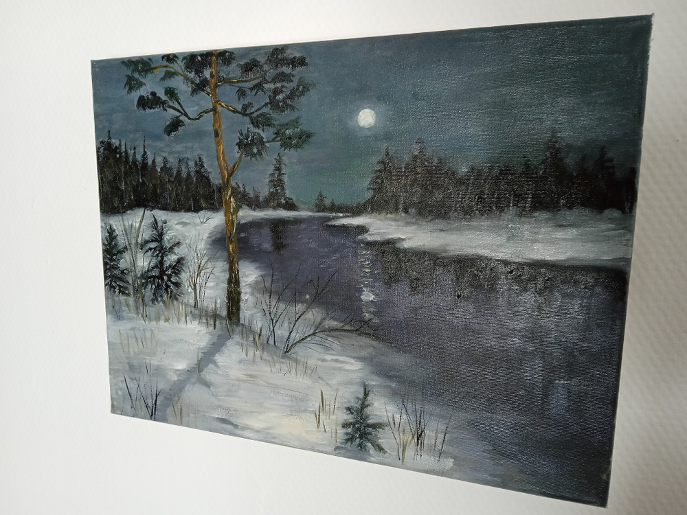 Картина "Зимний вечер". Масло.Кисти.Холст на подрамнике. Масло.31x41 см.