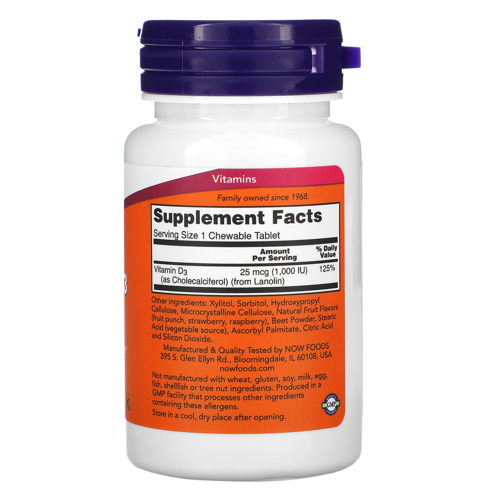 NOW Foods, жевательный витамин D3, натуральный фруктовый вкус, 1000 МЕ, 180 жевательных таблеток