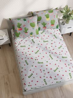 Постельное белье поплин Сказка "Кактусики/Кактусики (компаньон)" 1,5-сп Наволочка 50х70 см 1 шт Простынь на резинке 90x200 смПододеяльник 145x215 см