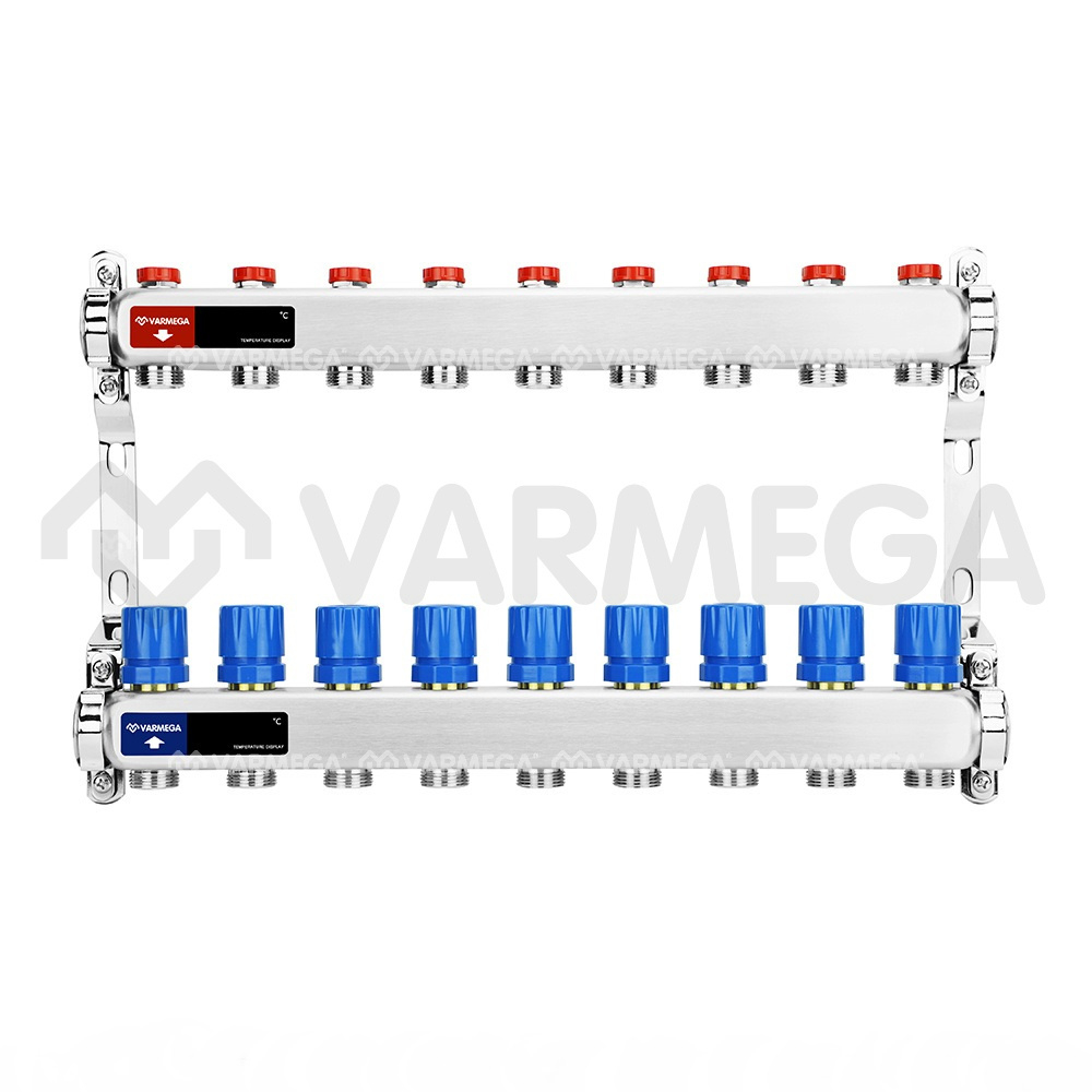 Распределительный коллектор (группа) для отопления Varmega VM15509 ВР 1", на 9 контуров 3/4" EK, нержавеющая сталь