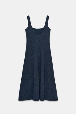 ZARA ПЛАТЬЕ МИДИ НА БРЕТЕЛЯХ, МОРСКОЙ СИНИЙ МЕЛАНЖ