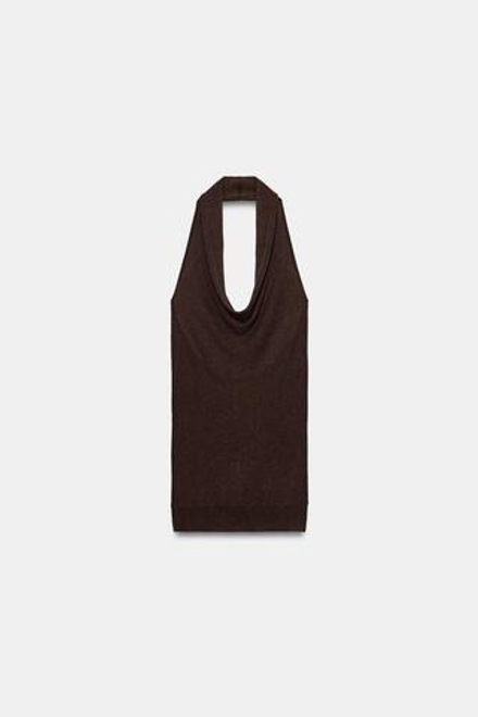 ZARA ТОП ХАЛТЕР В РУБЧИК С БЛЕСТЯЩЕЙ НИТЬЮ, КОРИЧНЕВЫЙ