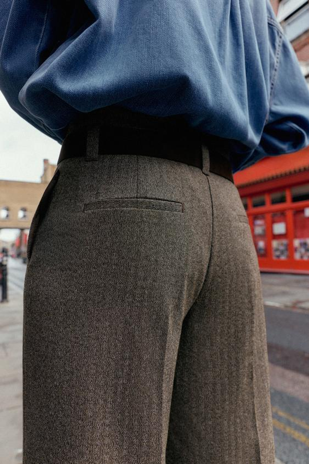 ZARA БРЮКИ В ЕЛОЧКУ С РЕМНЕМ, КОРИЧНЕВЫЙ