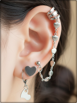 Серьги + клипса "Сердца" набор для пирсинга ушей. Сталь 316L.