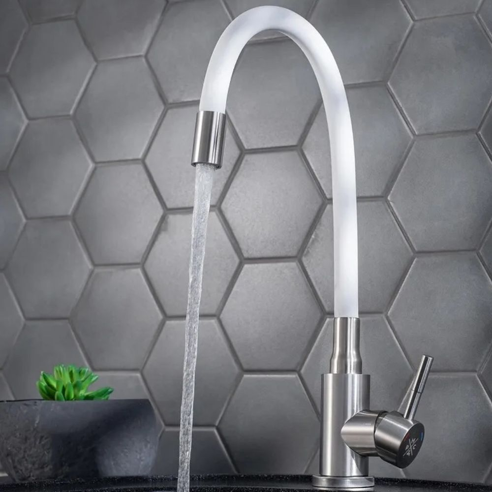 Смеситель для кухни, РМС, гибк излив, с картриджем, бел, SUS124W-016F
