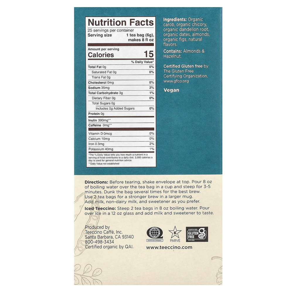 Teeccino, чай из обжаренных трав, одуванчик, карамель и орех, без кофеина, 25 чайных пакетиков, 150 г (5,3 унции)