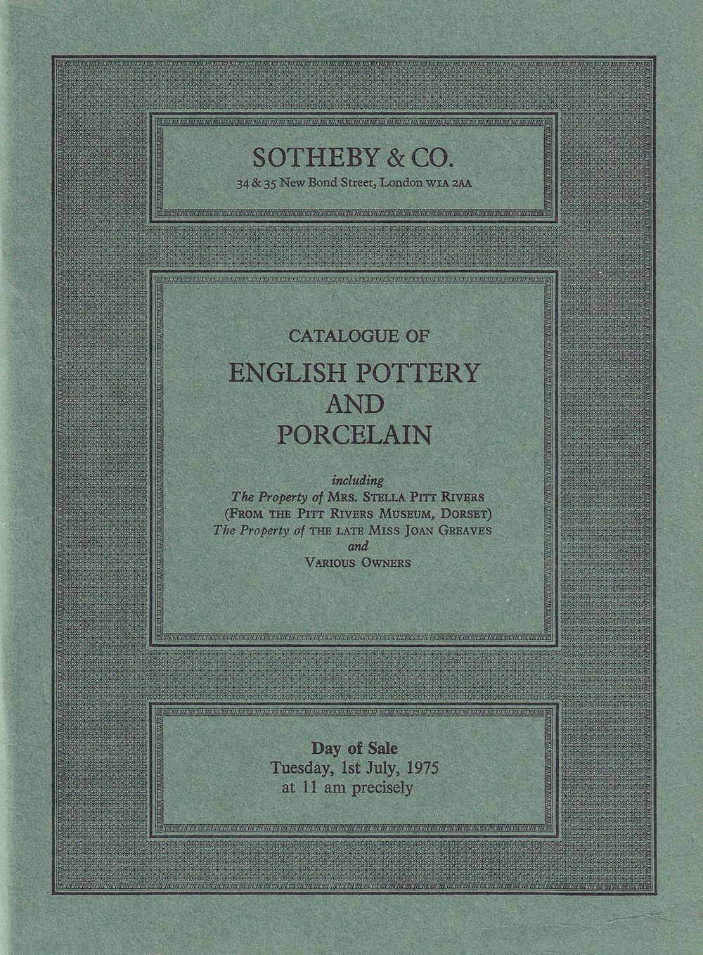 Каталог аукциона Sotheby's, Лондон, Английская керамика и фарфор из частных коллекций от 1 июля 1975 года