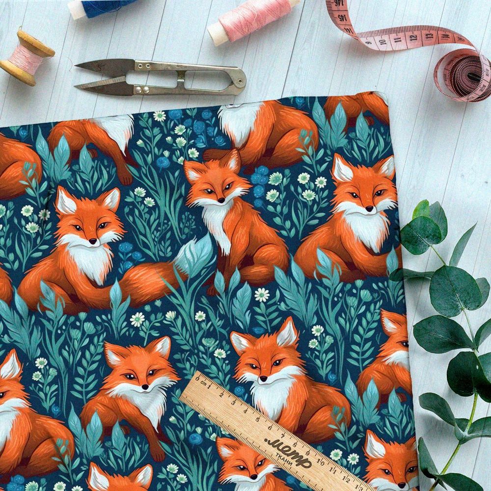 Ткань Ниагара Софт лисята на сероголубом