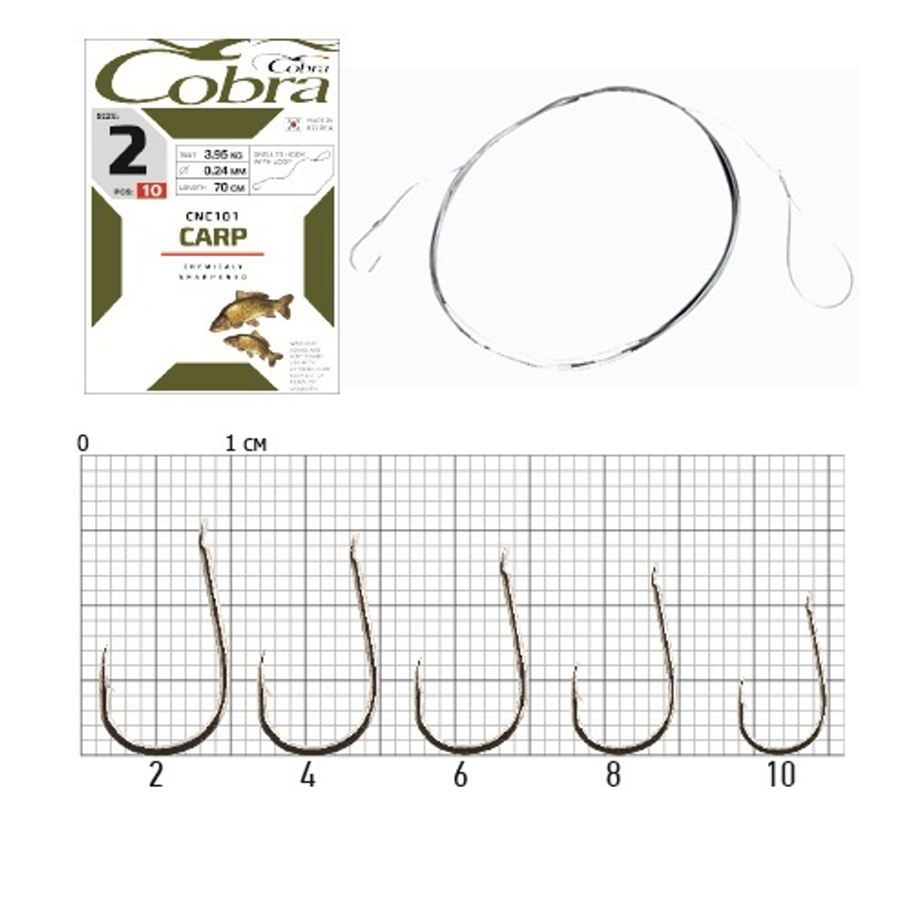 Крючки с поводком Cobra CARP 70cm, 0,20mm, разм.4, 10шт.
