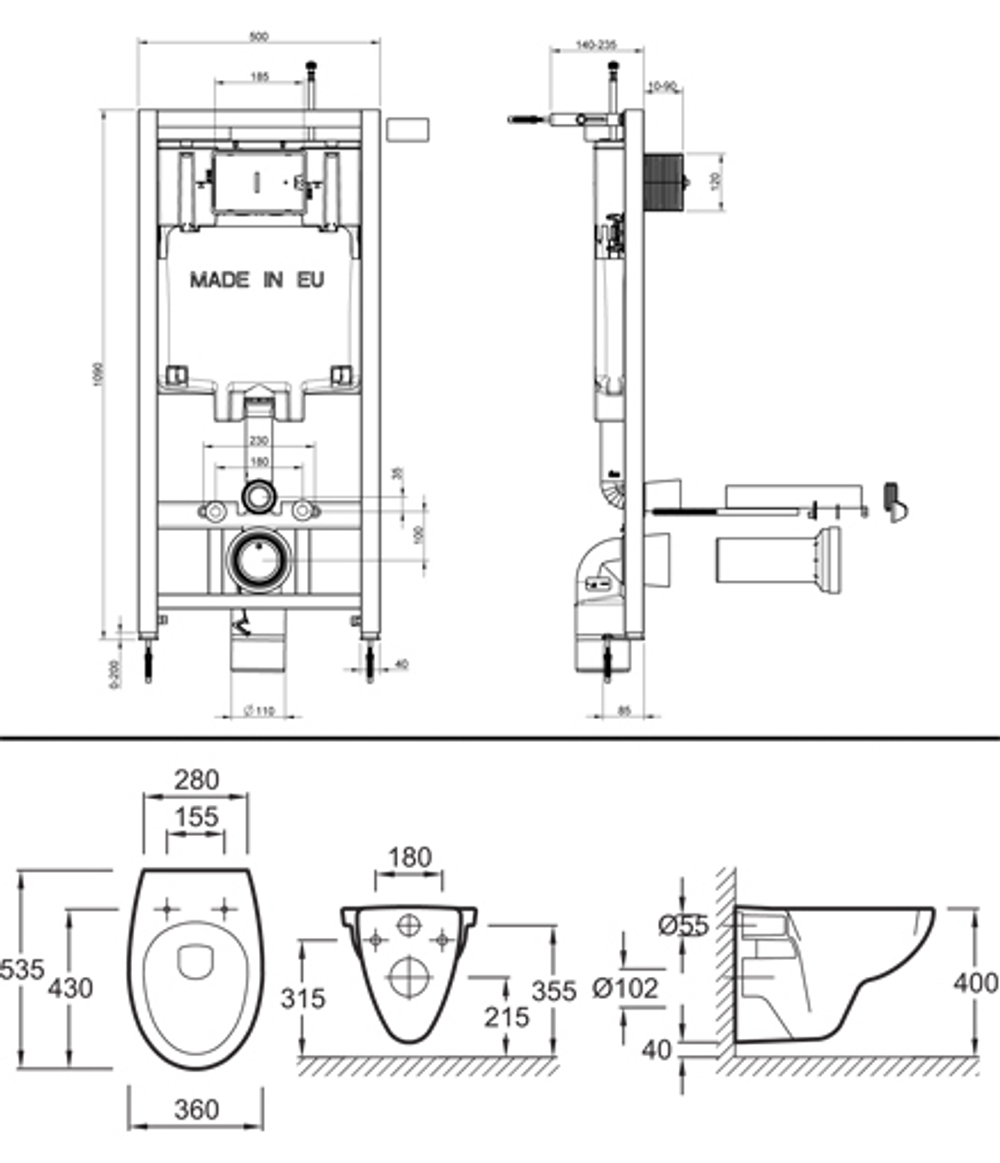 Комплект унитаза с инсталляцией Jacob Delafon Patio E21734RU-00 кнопка хром схема