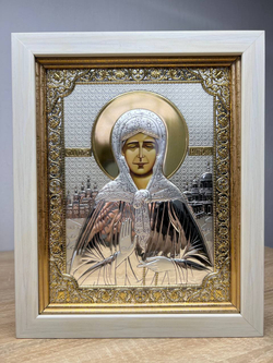 Матрона, икона прямоугольная в рамке под стеклом, белое дерево 232х280