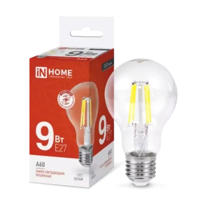 Лампа светодиодная LED-A60-deco 9Вт 230В Е27 4000К БЕЛЫЙ 1040Лм прозрачная IN HOME