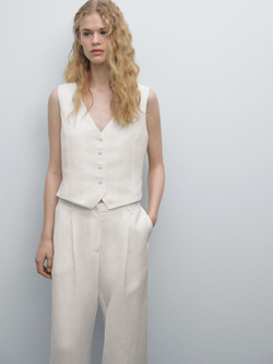 Massimo Dutti Брюки из смесового льна с пряжкой, натуральный, кремовый