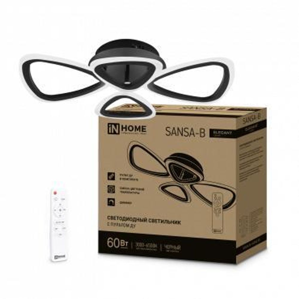 Светильник светодиодный ELEGANT SANSA-B 60Вт 3000-6500К 4700лм 230В 600х400х75мм с пультом ДУ черн. IN HOME 4690612043333