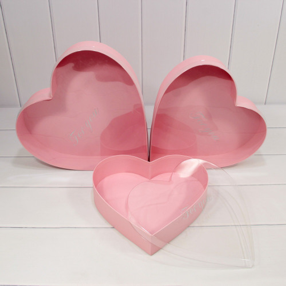 Коробка 33.2х33.2х6.6 см Набор 3 шт "Сердце" с прозрачной крышкой (Розовый)