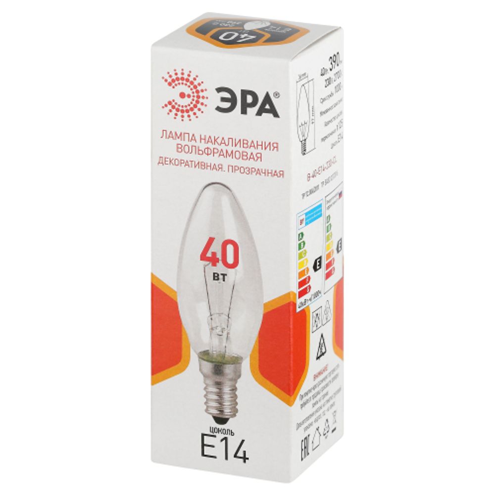 Лампа накаливания ЭРА B-40-E14-230-CL 40Вт 230В свеча прозрачная цветная коробка Е14