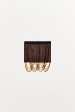 ZARA МИНИ-ЮБКА С БУСИНАМИ И БАХРОМОЙ, КОРИЧНЕВЫЙ