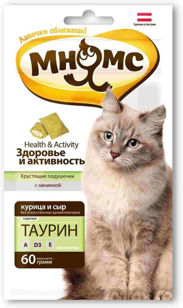 Лакомство Мнямс "Здоровье и активность" хрустящие подушечки для кошек с курицей и сыром, п Лакомство Мнямс "Здоровье и активность" хрустящие подушечки для кошек с курицей и сыром, п