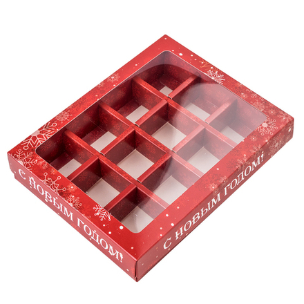 Коробка для 12 конфет крышка/дно и окно СНЕЖИНКИ 19*15*3,6 см