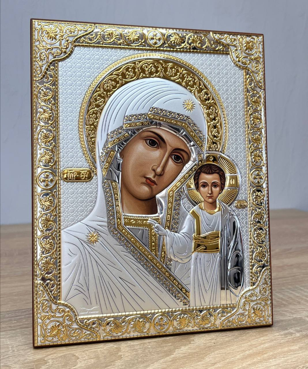 Казанская БМ, икона прямоугольная без рамки, красное дерево 175х225