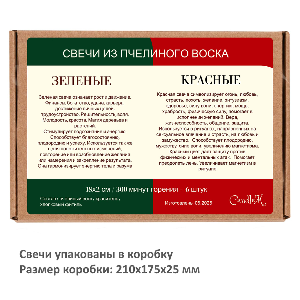 Свечи восковые / зеленые, красные - 18х2 см