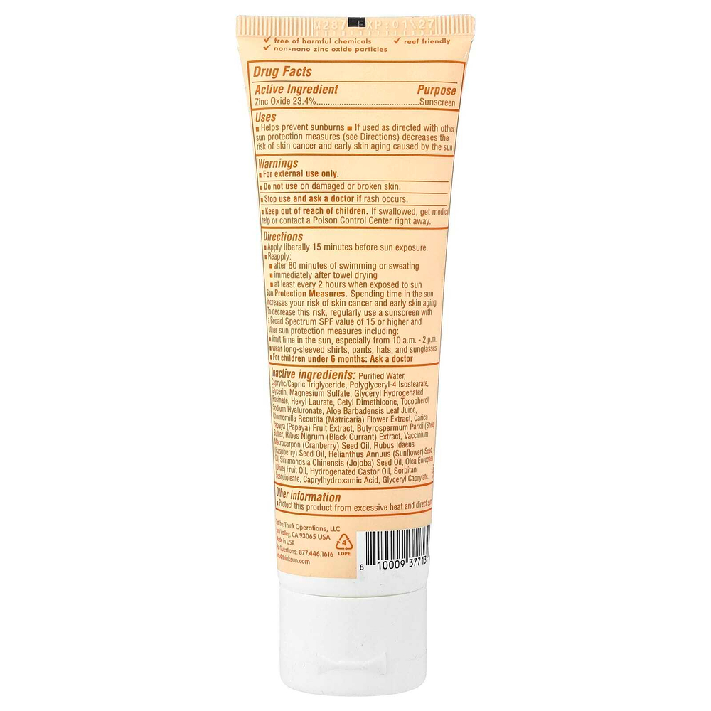 think, Think Baby®, прозрачный солнцезащитный крем с оксидом цинка, для чувствительной кожи, SPF 50, без отдушек, 89 мл (3 жидк. унции)