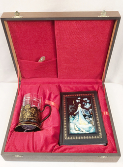 Коллекционный чайный набор с ежедневником "Снегурочка" (Ручная роспись Палех) в фуляре