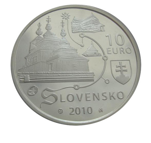 Словакия 10 евро 2010 Деревянные церкви в Карпатах ПРУФ СЕРЕБРО