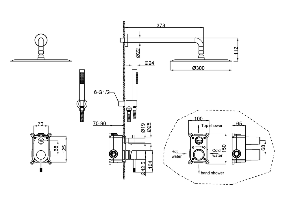 Смеситель встроенный + верхний+ ручной душ Uno. Brushed Bronze
