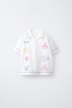 ZARA РУБАШКА ИЗ ХЛОПКА И ЛЬНА С КОНТРАСТНОЙ ВЫШИВКОЙ, ЭКРЮ